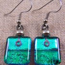DICHROIC Glass EARRINGS Emerald Mint Green Layered Square Dangle Surgical .75"