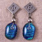 DICHROIC Glass EARRINGS Teal Green Blue Textured Stripes Dangle Surgical 3/4"