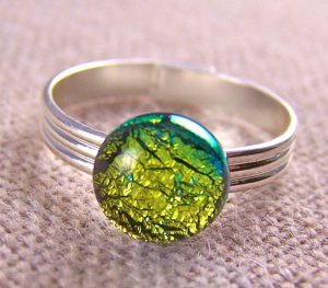 Tiny Adjustable Glass Ring - 1/4" 6mm 7mm - Gold Golden Yellow Metallic Dot