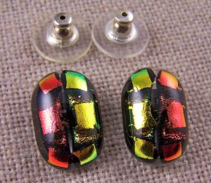 DICHROIC Post EARRINGS 5/8" 2cm COPPER Red ORANGE GOLD Groovy Fused GLASS STUDS