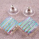 DICHROIC Post EARRINGS 1/2" 12mm Clear Yellow Green Stripes Fused GLASS STUDS