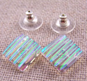 DICHROIC Post EARRINGS 1/2" 12mm Clear Yellow Green Stripes Fused GLASS STUDS