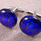 Cuff Links DICHROIC Fused GLASS Cobalt Blue Dot Bubbles Round Formal Wear Men