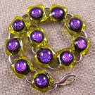 DICHROIC Link Bracelet Amber Yellow & Purple Fused Glass Squares Dots .5" x 7.5"