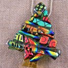 Dichroic Fused Glass CHRISTMAS TREE PIN Green Gold Copper Orange Mosaic Shards