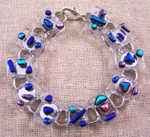 DICHROIC Link Bracelet Blue Green Textured Shards Over Clear Fused Glass .75"