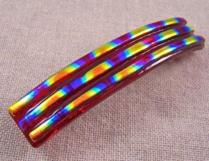 Dichroic Hair Barrette 3.5" 9cm Ruby RED Fused GLASS Copper Orange Tie Dye Prism