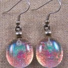 DICHROIC Glass EARRINGS Emerald Square over Clear Orange Dangle Surgical 3/4"