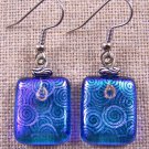 DICHROIC Glass EARRINGS Blue Purple Spiral Coil Patterned Dangle Surgical 3/4"