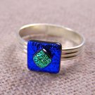 Tiny Glass Ring - Adjustable - 1/4" 7mm Cobalt Blue Green Teal Crinkle Layers