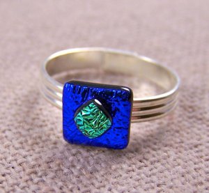 Tiny Glass Ring - Adjustable - 1/4" 7mm Cobalt Blue Green Teal Crinkle Layers