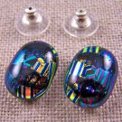 DICHROIC Post EARRINGS 5/8" 2cm Copper Green Striped Groovy Fused GLASS STUDS