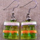DICHROIC Glass EARRINGS Green Amber Pink Orange Layers Dangle - Surgical .75"