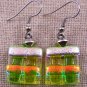 DICHROIC Glass EARRINGS Green Amber Pink Orange Layers Dangle - Surgical .75"