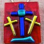 Large Triple Cross PIN PENDANT Dichroic Fused Glass Clear Ruby Red Yellow Purple