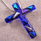 Cross PIN PENDANT Dichroic Fused Glass Cobalt Blue Teal Magenta Triangles Layer