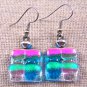 DICHROIC Glass EARRINGS Pink Green Teal Blue Clear Layers Dangle - Surgical .75"