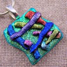 DICHROIC Fused Glass PENDANT Slide Green Yellow Rainbow Crinkle Layered Textured