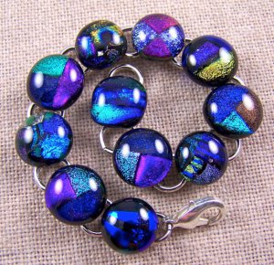 DICHROIC Link Bracelet Teal Blue Purple Green Fused Glass Patchwork Pattern .5"