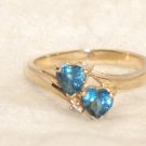 Estate 14K Yellow Gold London Blue Topaz & Diamond Ring 3g Heart Shape Stones