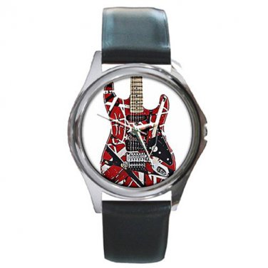 Eddie Van Halen Guitar Art Print Silver Tone Round Metal Watch-Unisex