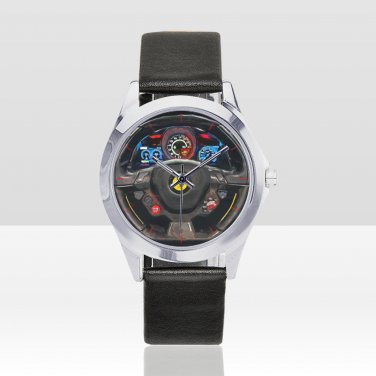 Ferrari 488 Steering Wheel Silver Tone Round Metal Watch-Unisex