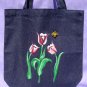 Denim Tote Bag with Red and White Tulips and a Bumblebee Charm