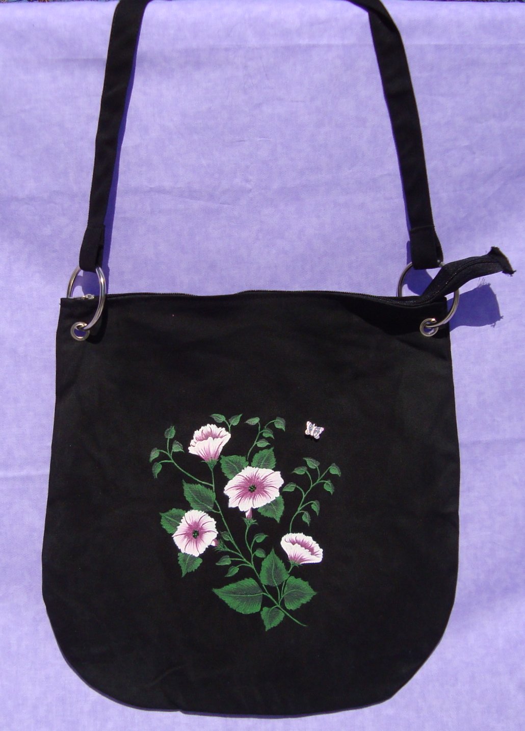 Black Messenger Bag With Pink and White Flowers