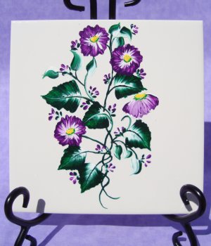 Painted Ceramic Trivet with Purple Folwers