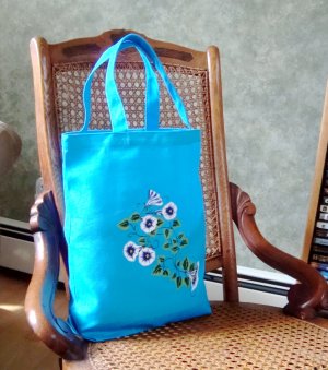 Turquoise Tote Bag With White and Blue Flowers