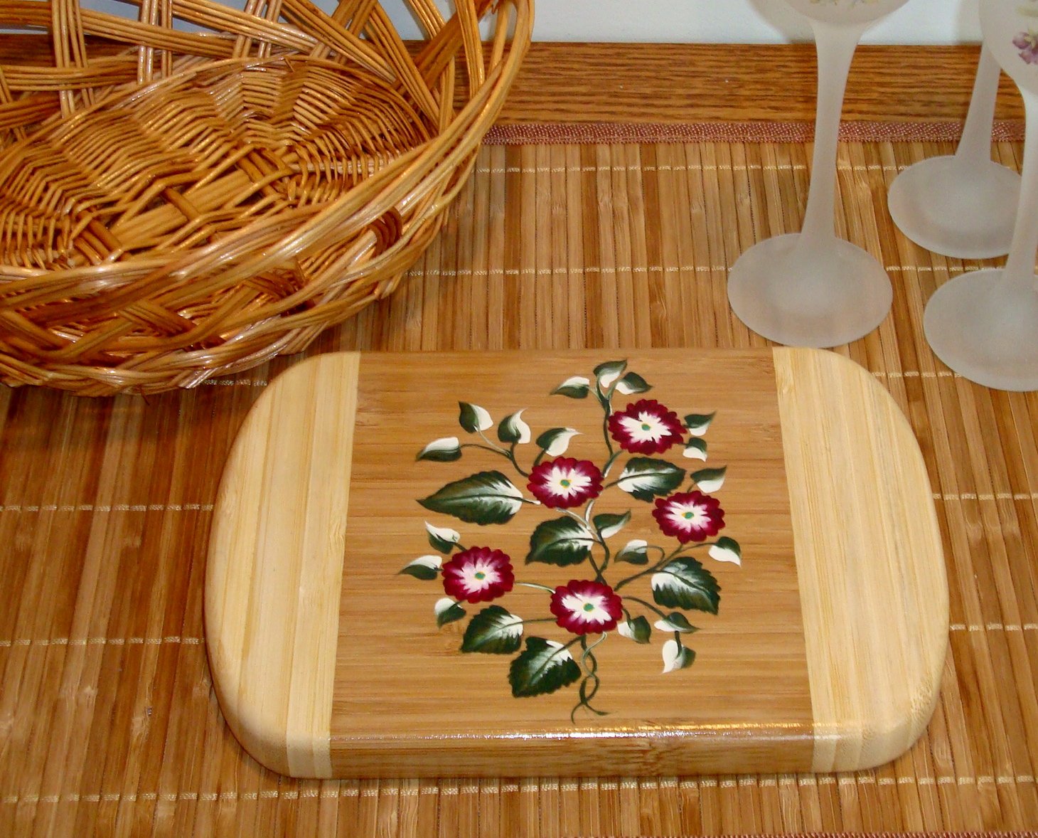 Bamboo Trivet With Red Flowers and Green Leaves