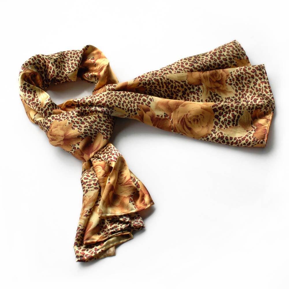BRA-SCA01008-L Brando Gold Leopard & Rose Floral Pattern Stylish super soft Silk Scarf(Large)