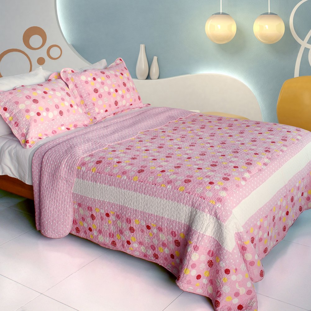 QTS-WB8036-23 [Candy Pink] Cotton 3PC Patchwork Quilt Set (Full/Queen Size)