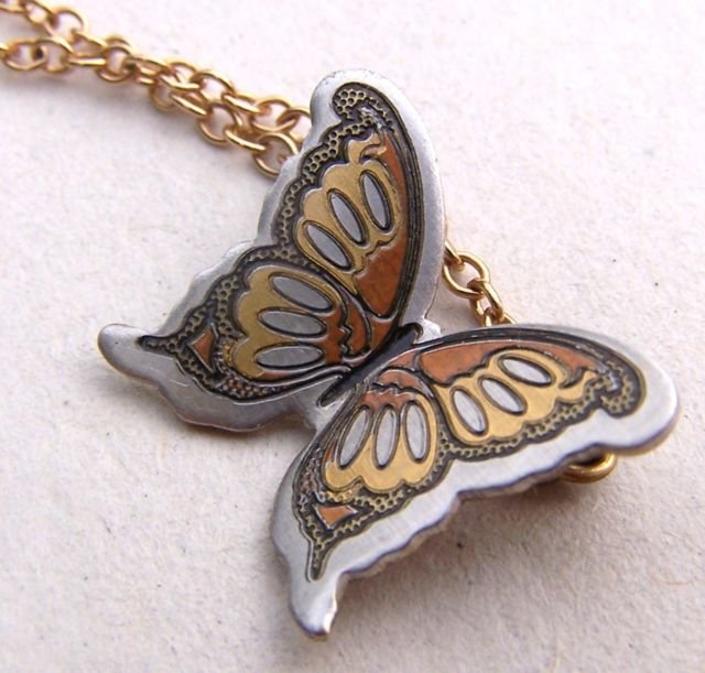 vintage Reed & Barton Damascene Butterfly Necklace, signed