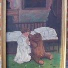 Oil on Board, Praying At Bedtime with Stuffed Bear, c.1900, unsigned primitive