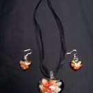 Murano Glass Pendant and earrings black heart orange flower