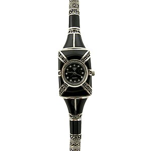 NICE 925 Sterling Silver With Natural Black Onyx With Marcasite Women's Watch, RPMM-W136