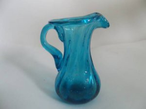 Miniature Pilgrim Style Puritan Pitcher Blue Hand Blown Glass