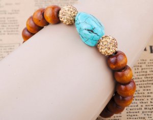 Turquois Handmade Stretch Bracelet,slippy Wood ball beads,CZ crystal beads,bbl_S