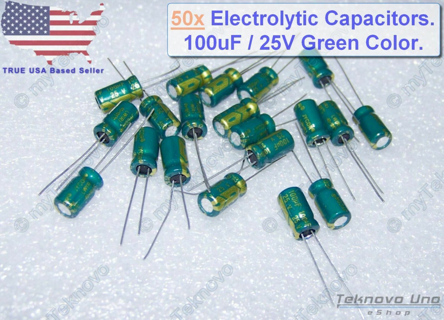 50x Electrolytic Capacitors 100uF 25V 6x7mm GREEN Color 105C RoHS Lead-Free USA