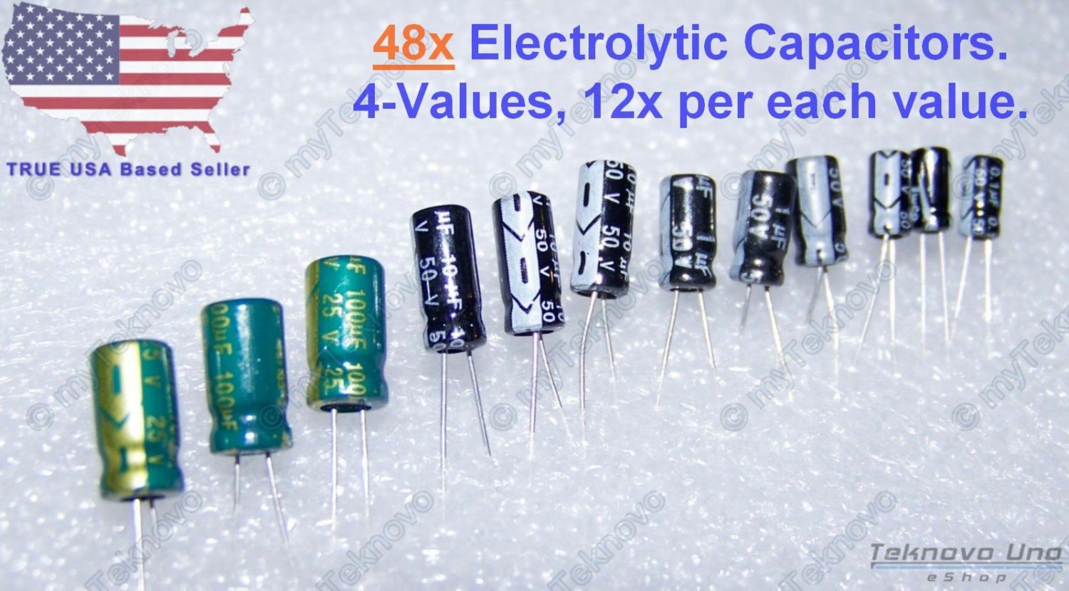 48x Electrolytic Capacitors 100uF 10uF 1uF 0.1uF 12x-Per-Value 105C 25-50V - USA