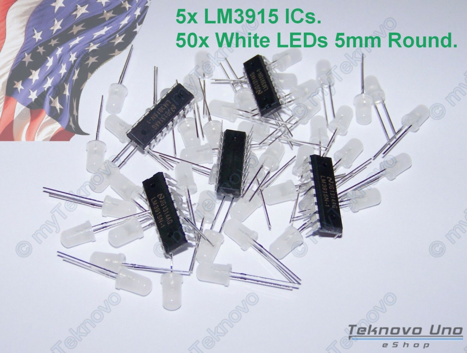 5x LM3915 IC Bargraph Dot Driver + 50x WHITE Diffused Round 5mm LED - USA