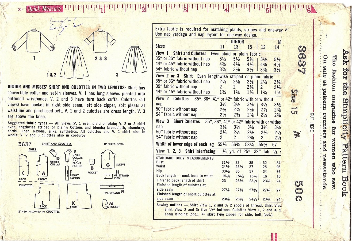 Simplicity #3637 Junior 1960s Button Front Shirt & Full Culottes in 2 ...