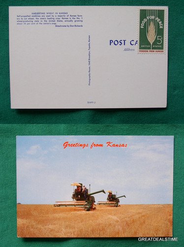 GREETINGS FROM KANSAS CORN STAMP PEACE VINTAGE POSTCARD
