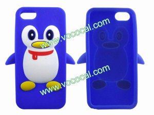 Cute 3D Penguin Silicone Protective Case Cover Skin for iPhone 5 Dark Blue