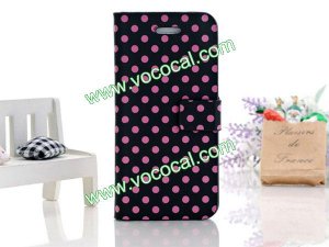 PU Leather Book Stand Case Cover for iPhone 5 With Polka Dot