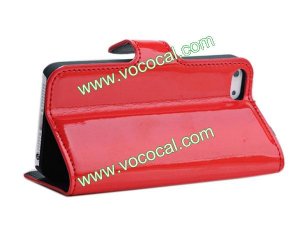 PU Leather Wallet Card Holder Case Cover for iPhone 5 With Stand Red