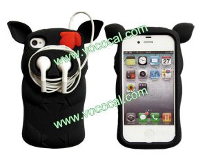 Cute Piggy 3D Pirate Pig Silicone Earphone Holder Case for iPhone 4 4S Black