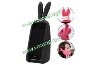 3D Cute Silicone Animal Rabbit Ear Case Stand Cover for iPhone 4 4S Black
