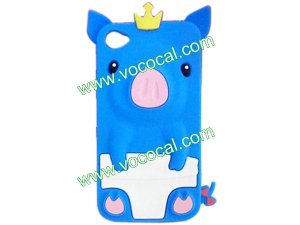 Blue 3D Pig Cartoon Animal Silicone Gel Case Cover for iPhone 4 4G 4S